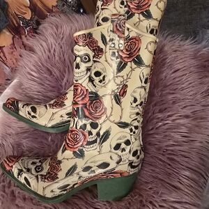 Skull and Rose Print Women's Rain Western Boots